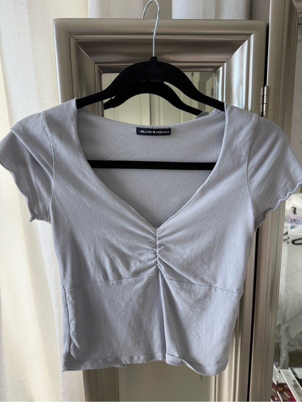Brandy Melville Light Gray Ruched V-Neck Crop Top